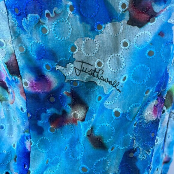 Justcavalli Womens Blue Cotton Printed Blouse Ruffled Sleeves & Leopard Trim 42 - Picture 6 of 9